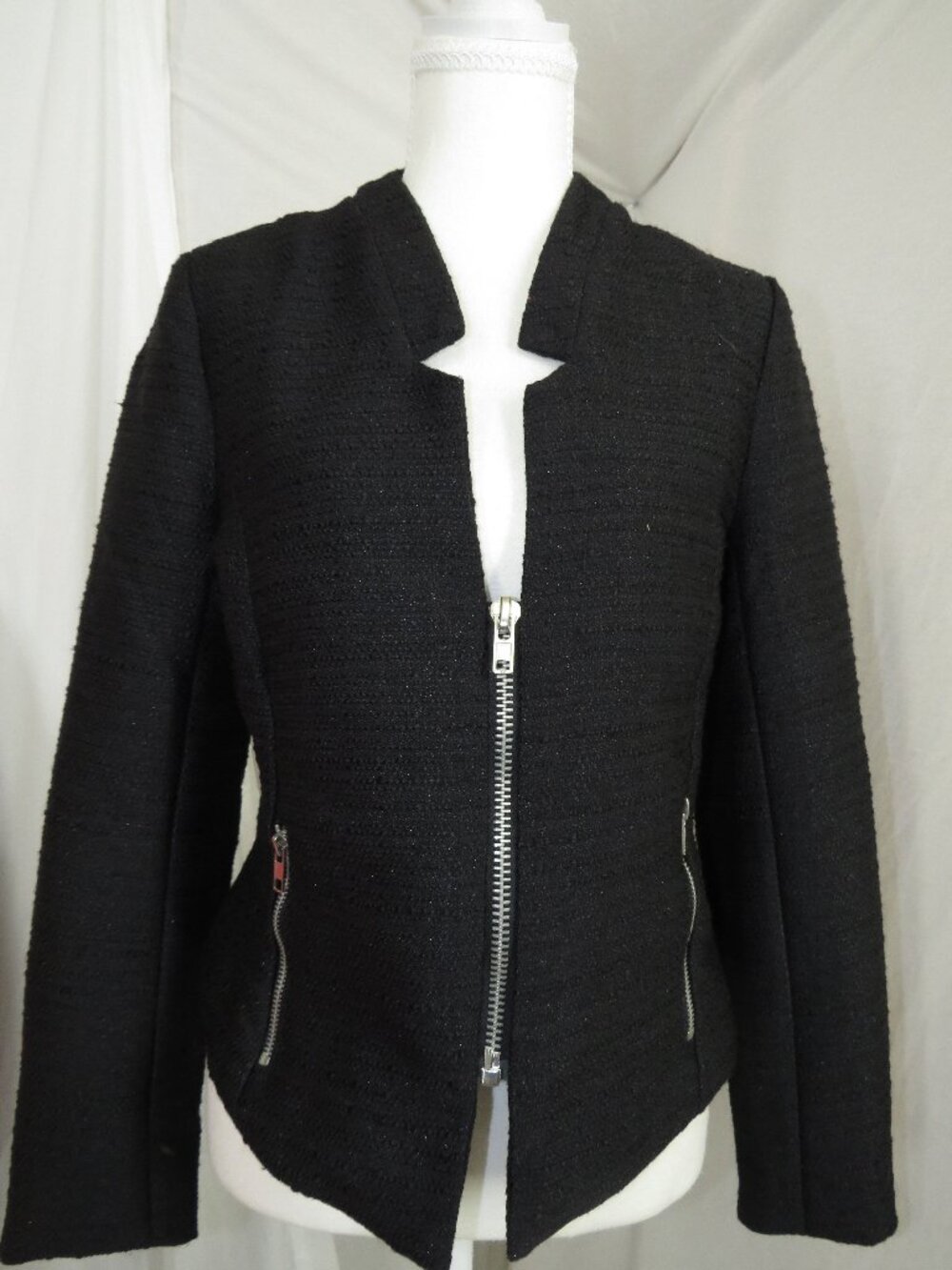 YA Los Angeles Black Textured Zip‑Front Blazer Jacket – Cotton Blend Minimalist